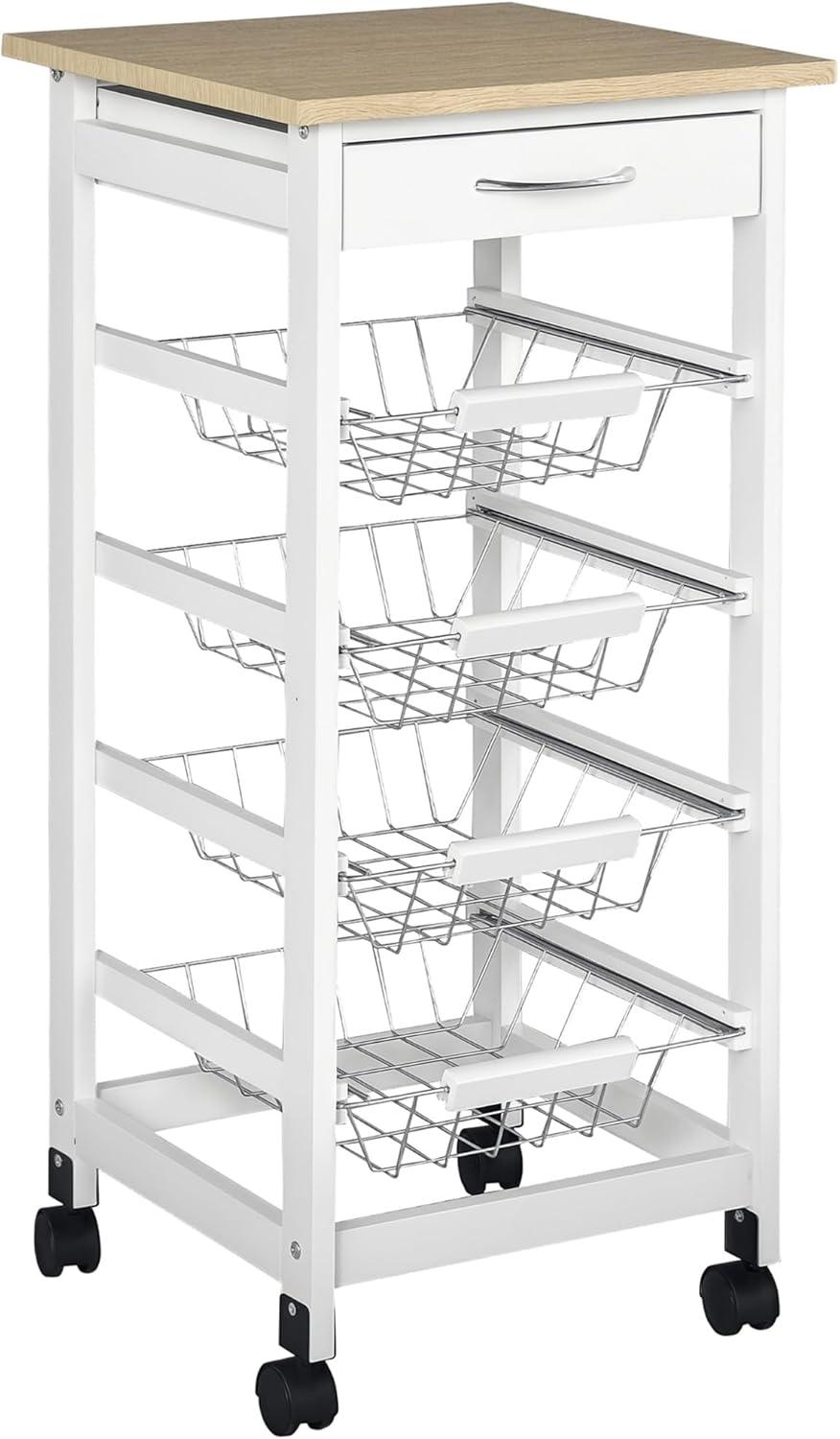 HOMCOM 32.25" Wooden Rolling Kitchen Storage Cart, Trolley Cart on 360° Swivel Wheels with Storage Drawer, Gray