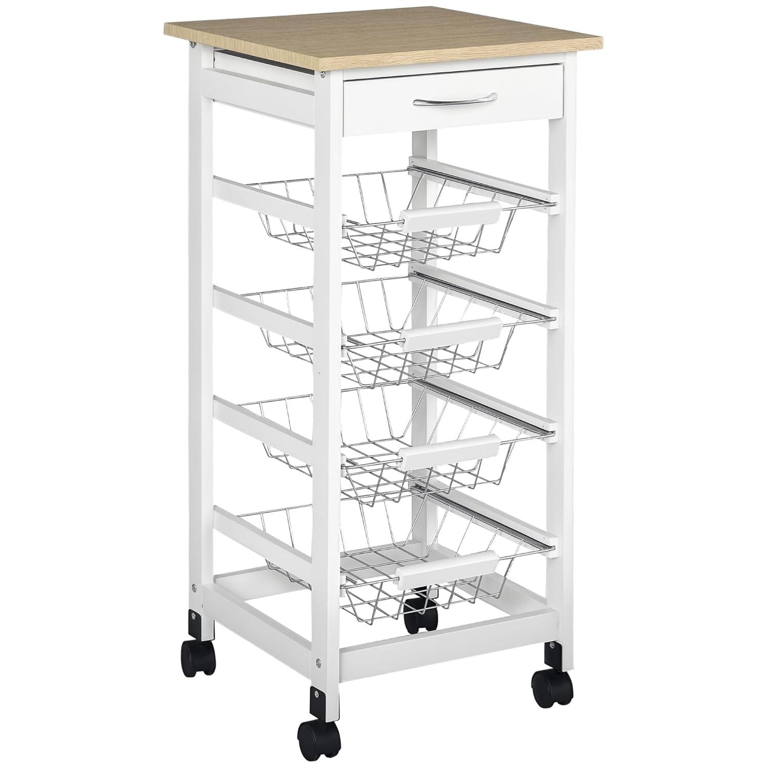 HOMCOM 32.25" Wooden Rolling Kitchen Storage Cart, Trolley Cart on 360° Swivel Wheels with Storage Drawer, Gray