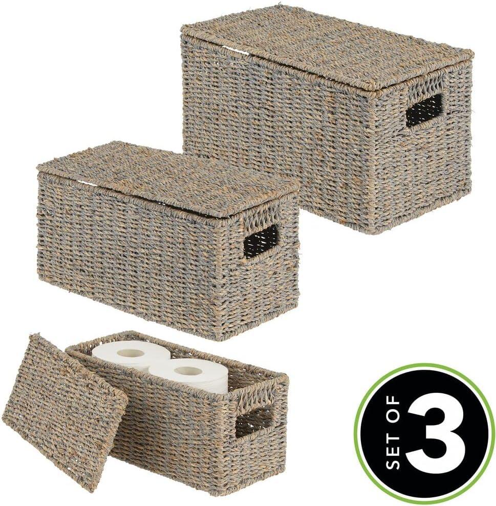 mDesign Woven Seagrass Home Storage Basket with Lid, Set of 3