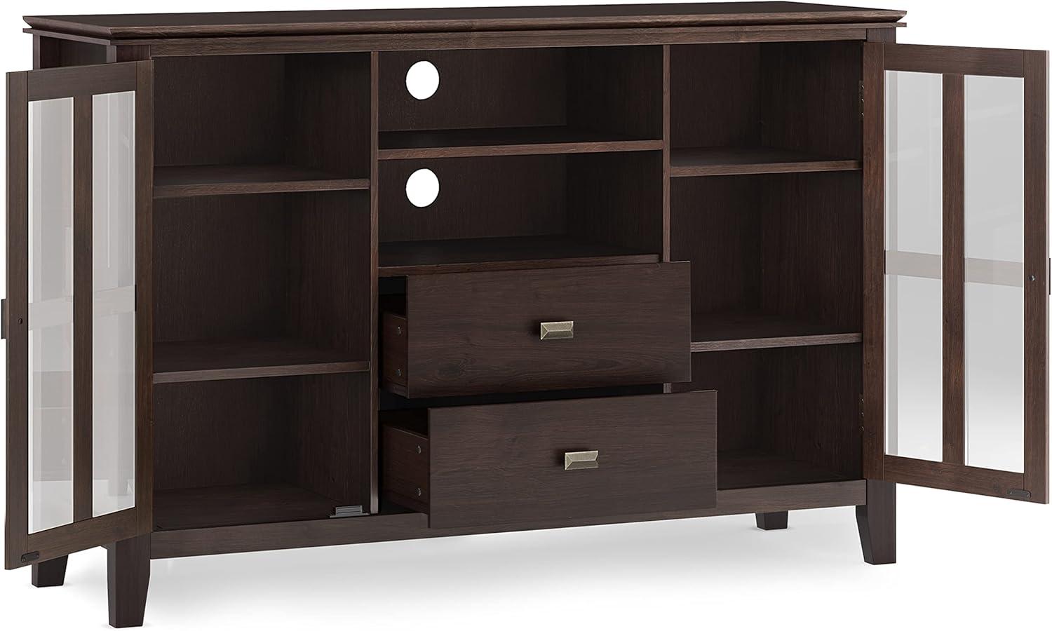 Simpli Home Artisan TV Media Stand in Dark Chestnut Brown