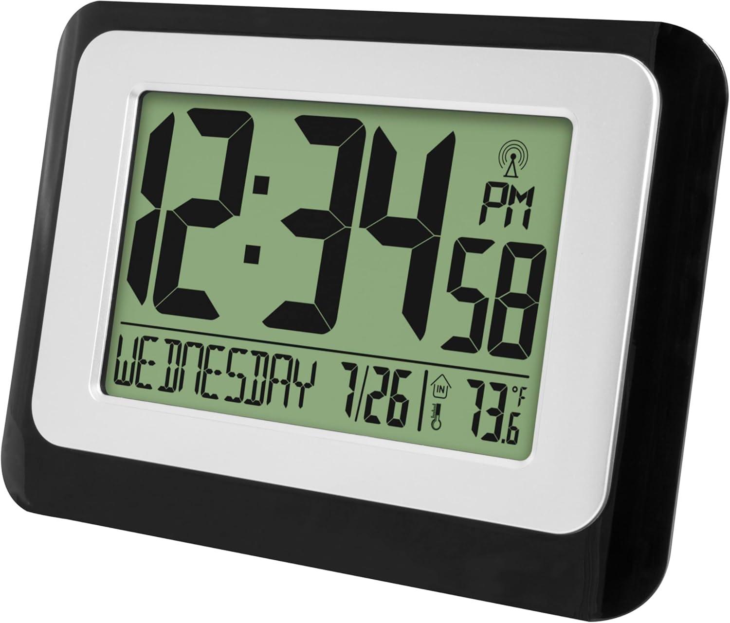 Black and Silver Digital Atomic Wall Clock with Temperature Display