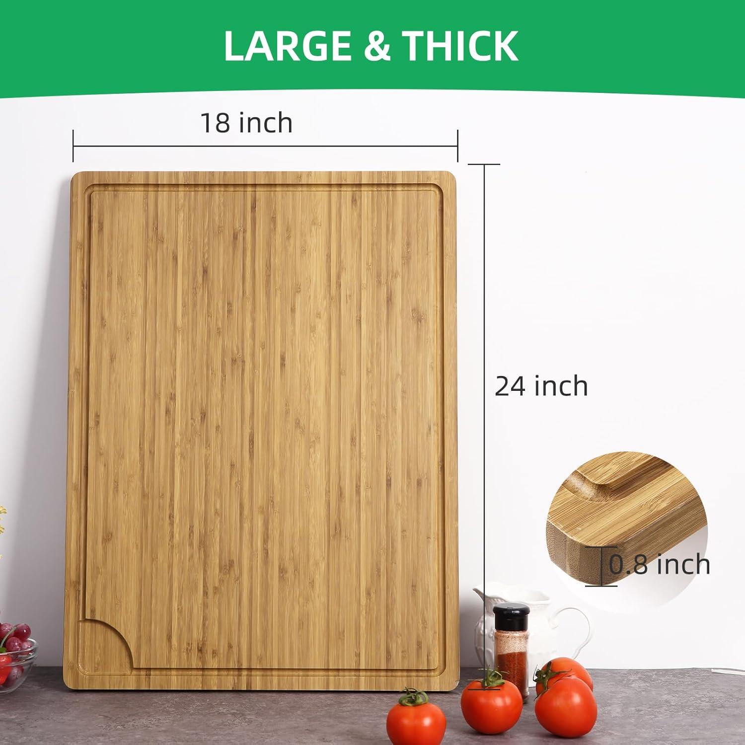 Large Light Brown Bamboo Cutting Board with Handles and Juice Groove