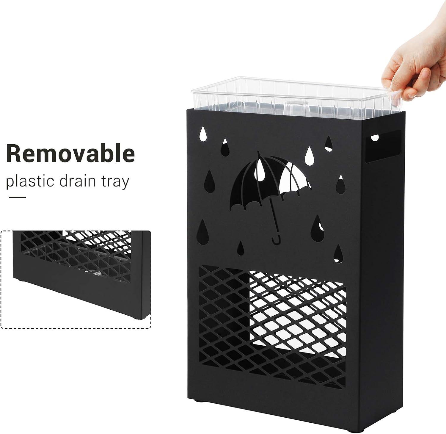 Black Metal Umbrella Stand with Cutout Design and Drip Tray