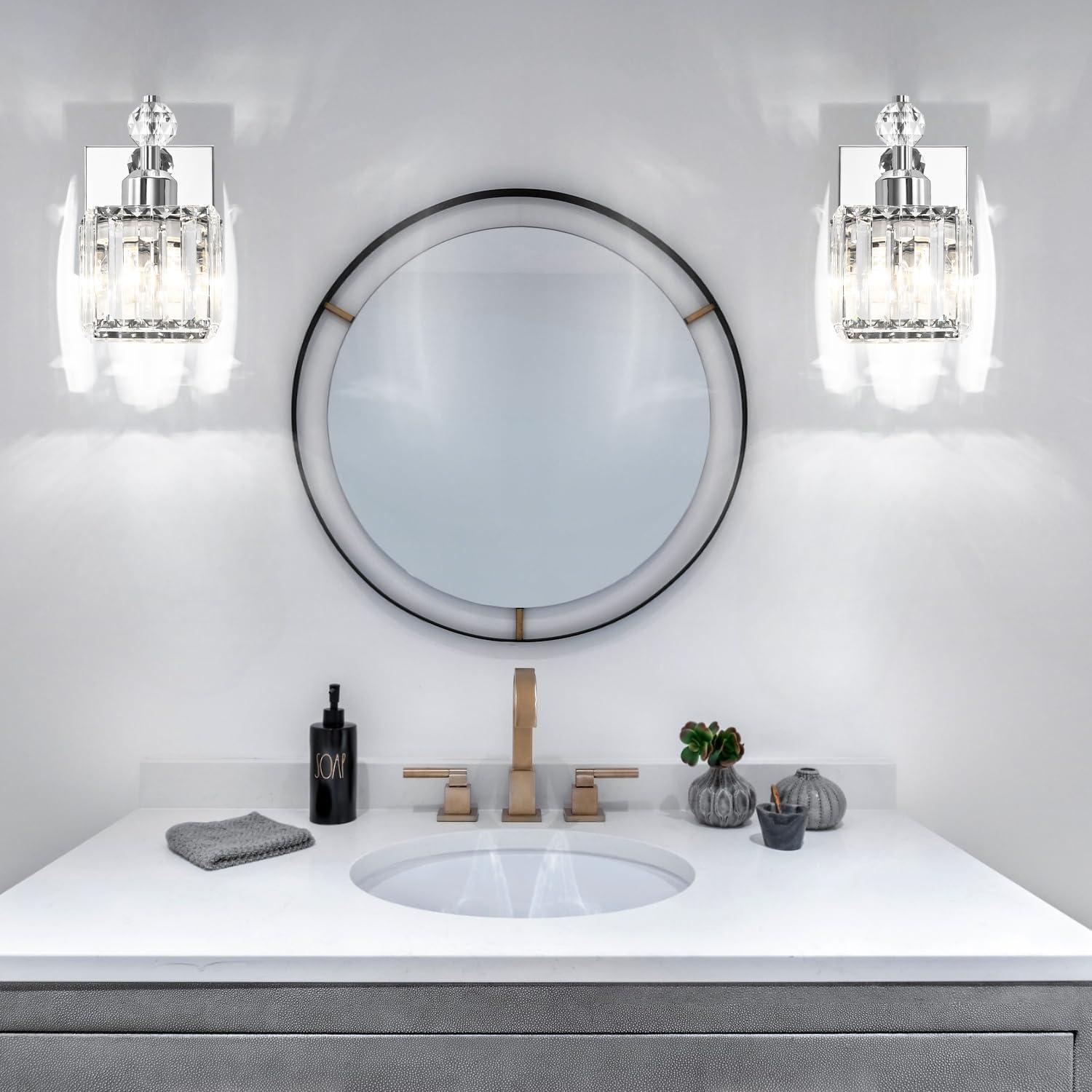 PRESDE Black Crystal Bathroom Lights Fixtures Over Mirror Modern 3 Light Vanity Lighting Bathroom Wall Light Fixtures(Exclude Bulb)