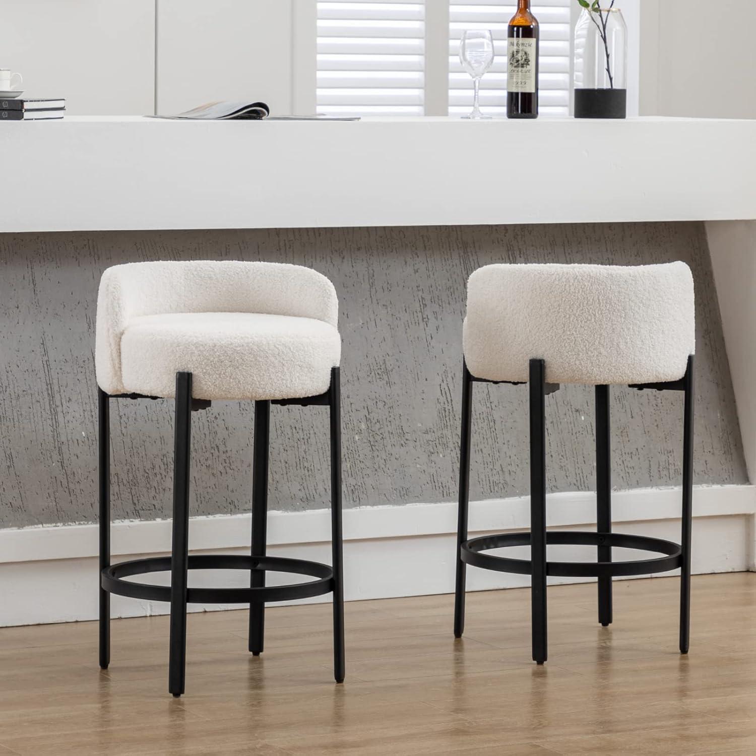 Modern Bar stools Set of 2, 26 Inch Sherpa Fabric Counter Height Barstools with Low Back, Upholstered Round Shape Kitchen Island Stools with Black Metal Legs for Dining Room Bar, White