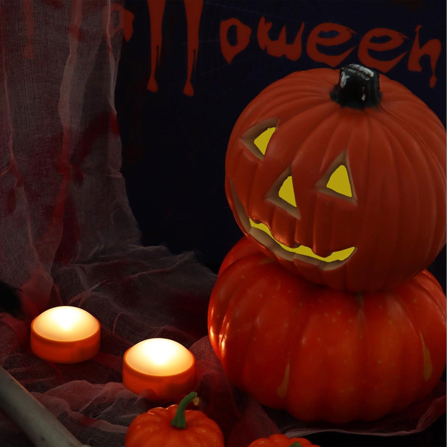 Deago 2 Pack Halloween LED Pumpkin Lights with Remote and Timers Battery Operated Orange Jack-O-Lantern Lights Flameless Candles for Halloween Decorations