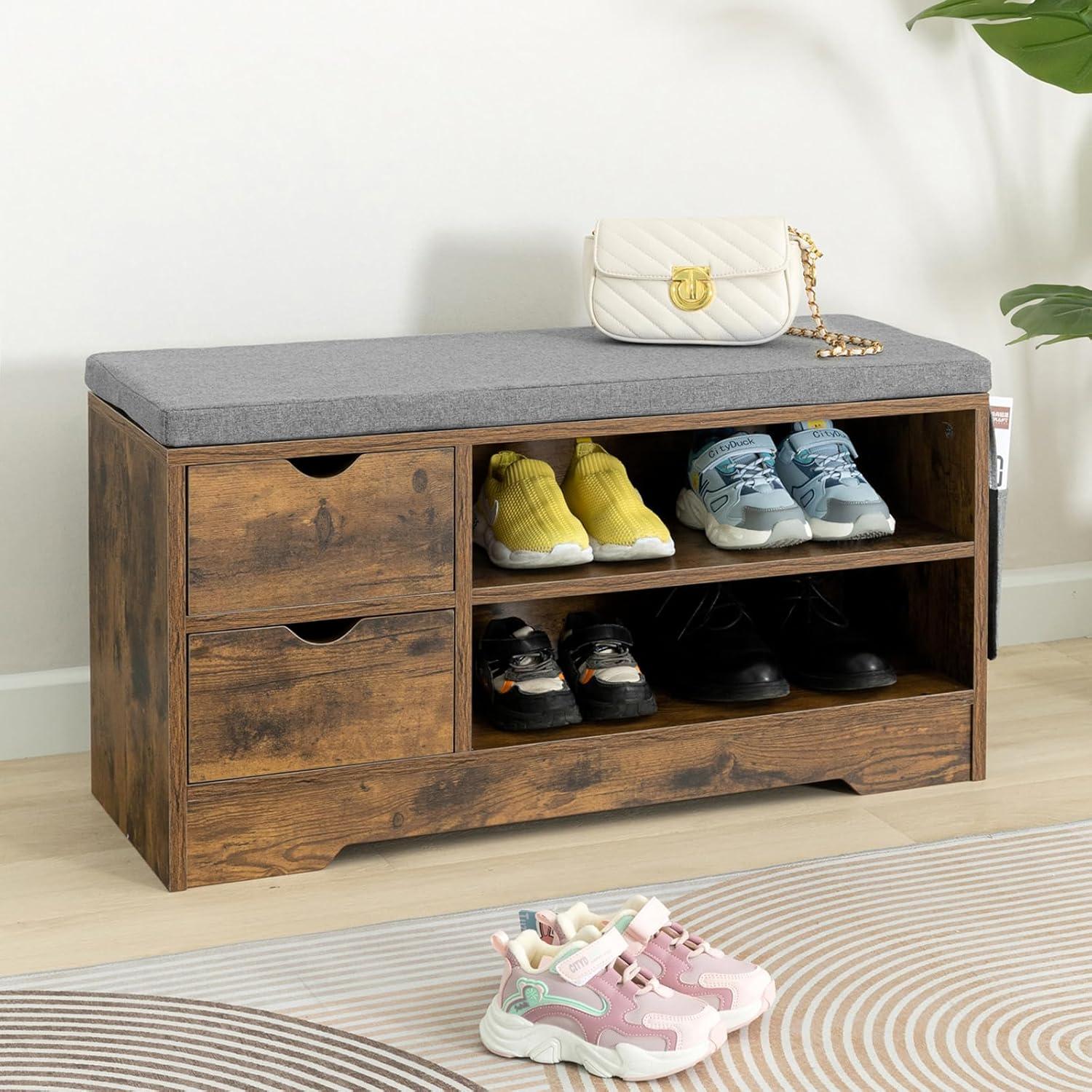 Walnut and Gray Engineered Wood Entryway Bench with Storage