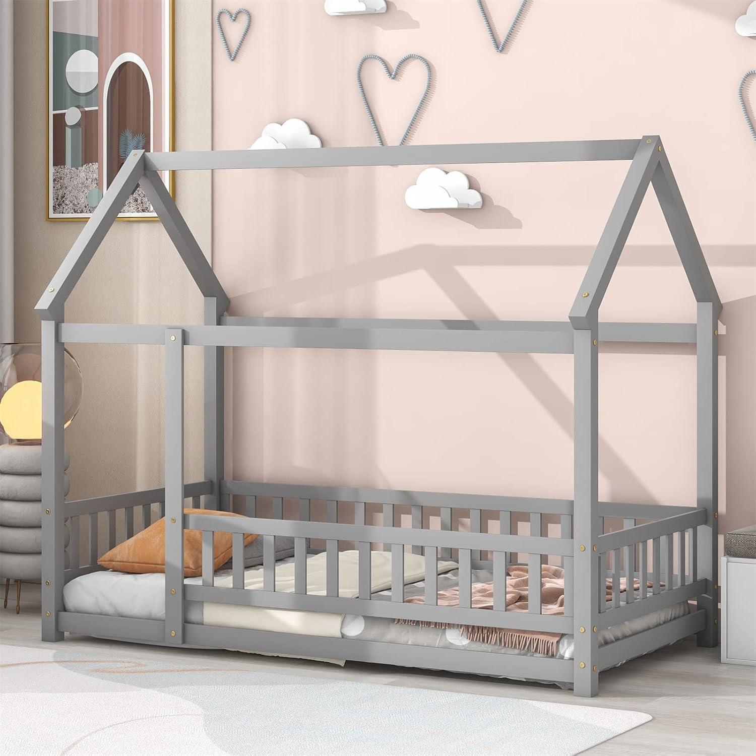 Twin Floor Bed for Kids, Wooden House Bed Frame with Roof, Fence Guardrails, Montessori Bed for Toddlers Girls Boys, Gray