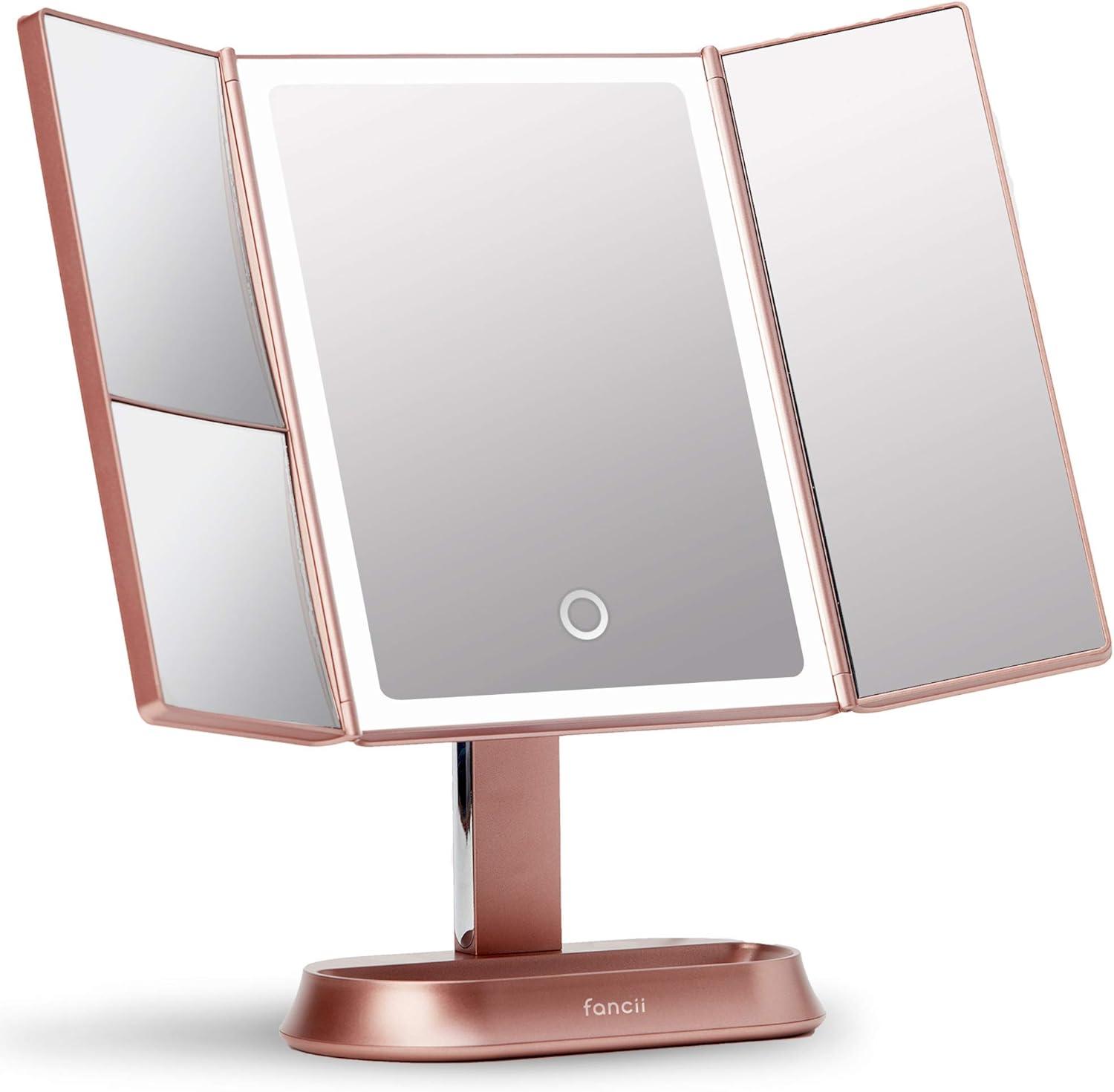 Rose Gold Trifold Vanity Mirror with LED Lights and Magnifications