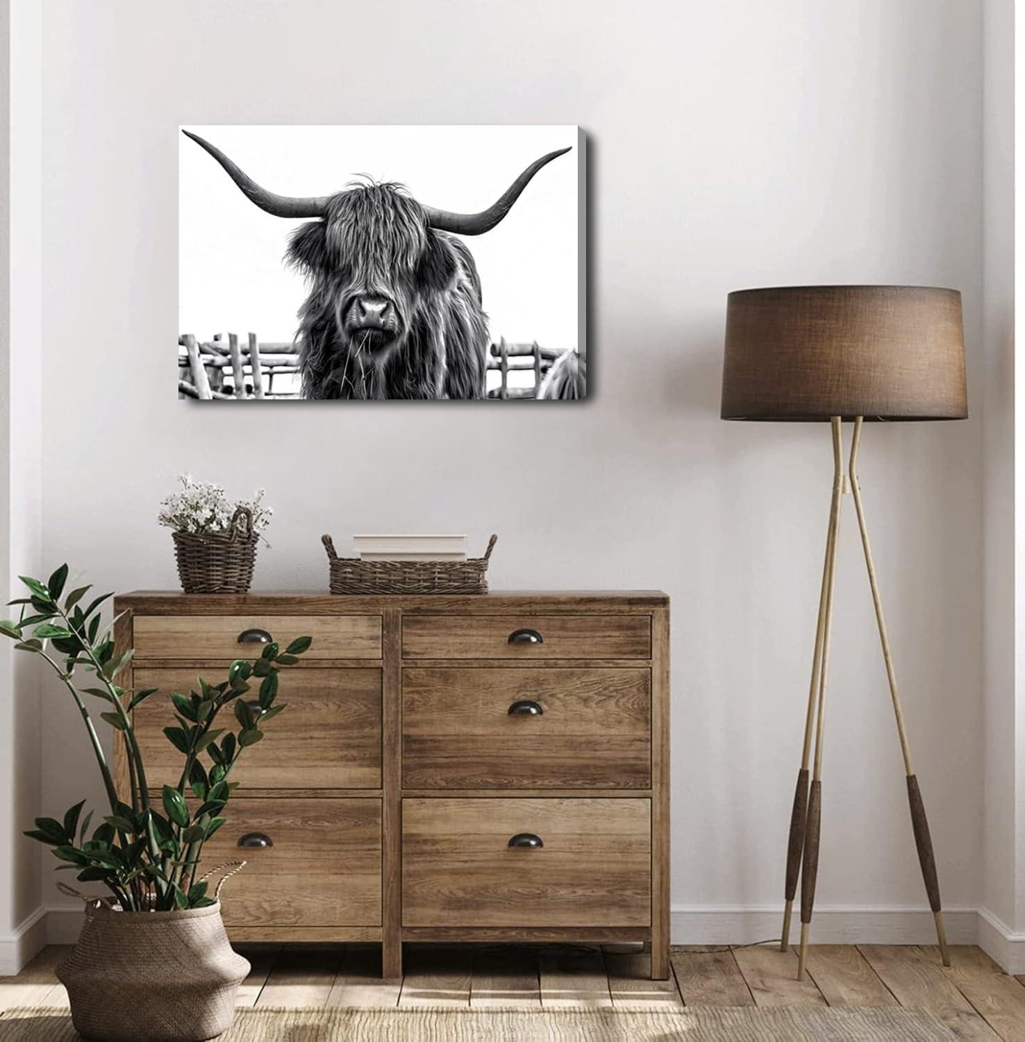 Lingy  Highland Cow Wall Art Farmhouse Decor Canvas Printed Black and White Cow Pictures Wall Decor Modern Western Rustic Artwork Decorations for Bedroom Office Living Room  16x12in