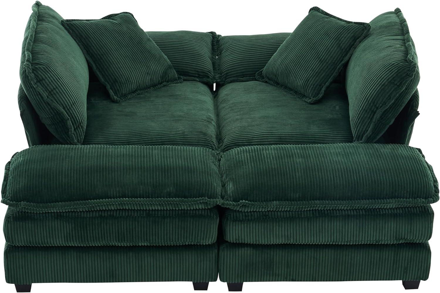 Green Corduroy Loveseat Sofa with Ottomans and Pillows