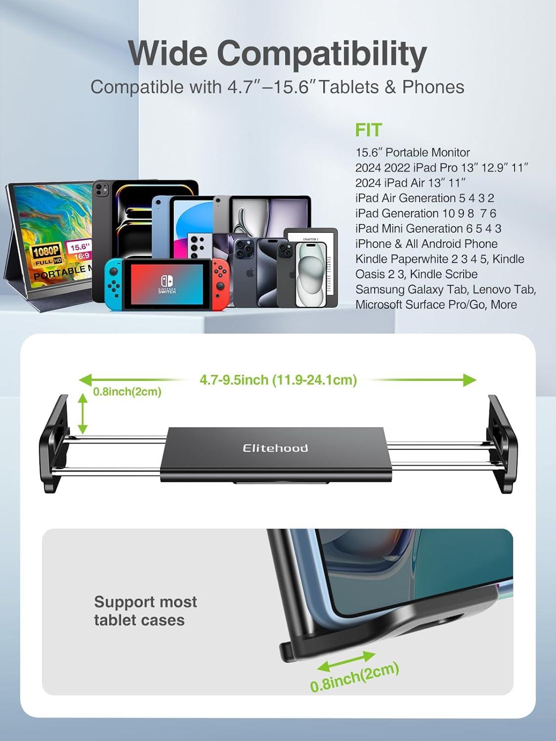 elitehood Aluminum iPad Stand Tripod, 65'' Adjustable Tablet Tripod Holder, 360 Degree Rotating iPad Holder Stand for Floor, Compatible with 4.7-13" Tablets and Phones– Black