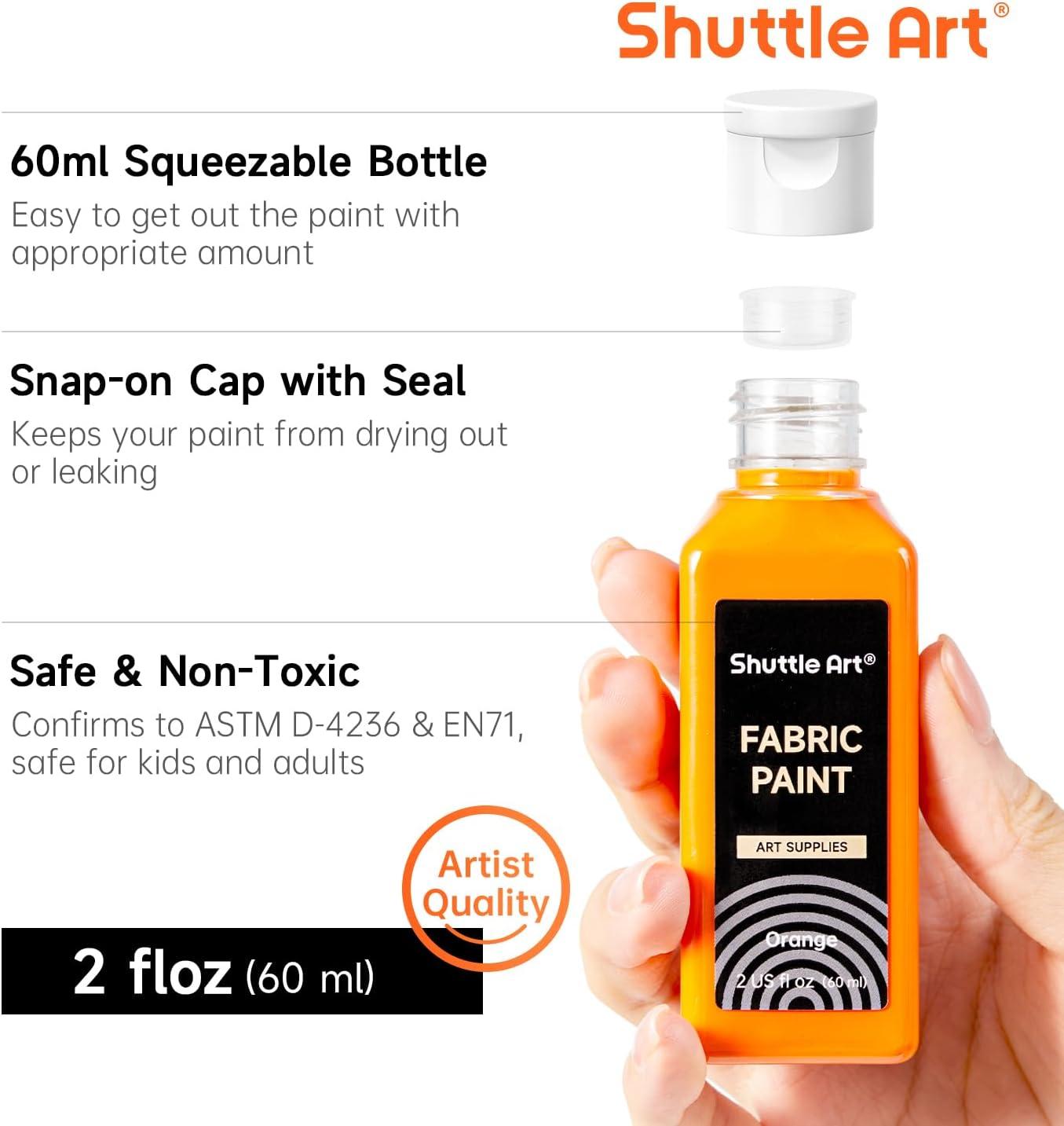 Metallic Fabric Paint, Shuttle Art 18 Metallic Colors Permanent Soft Fabric Paint in Bottles (60ml/2oz) with Brush and Stencils, Non-Toxic Textile Paint for T-shirts, Shoes, Jeans, Bags & DIY Projects