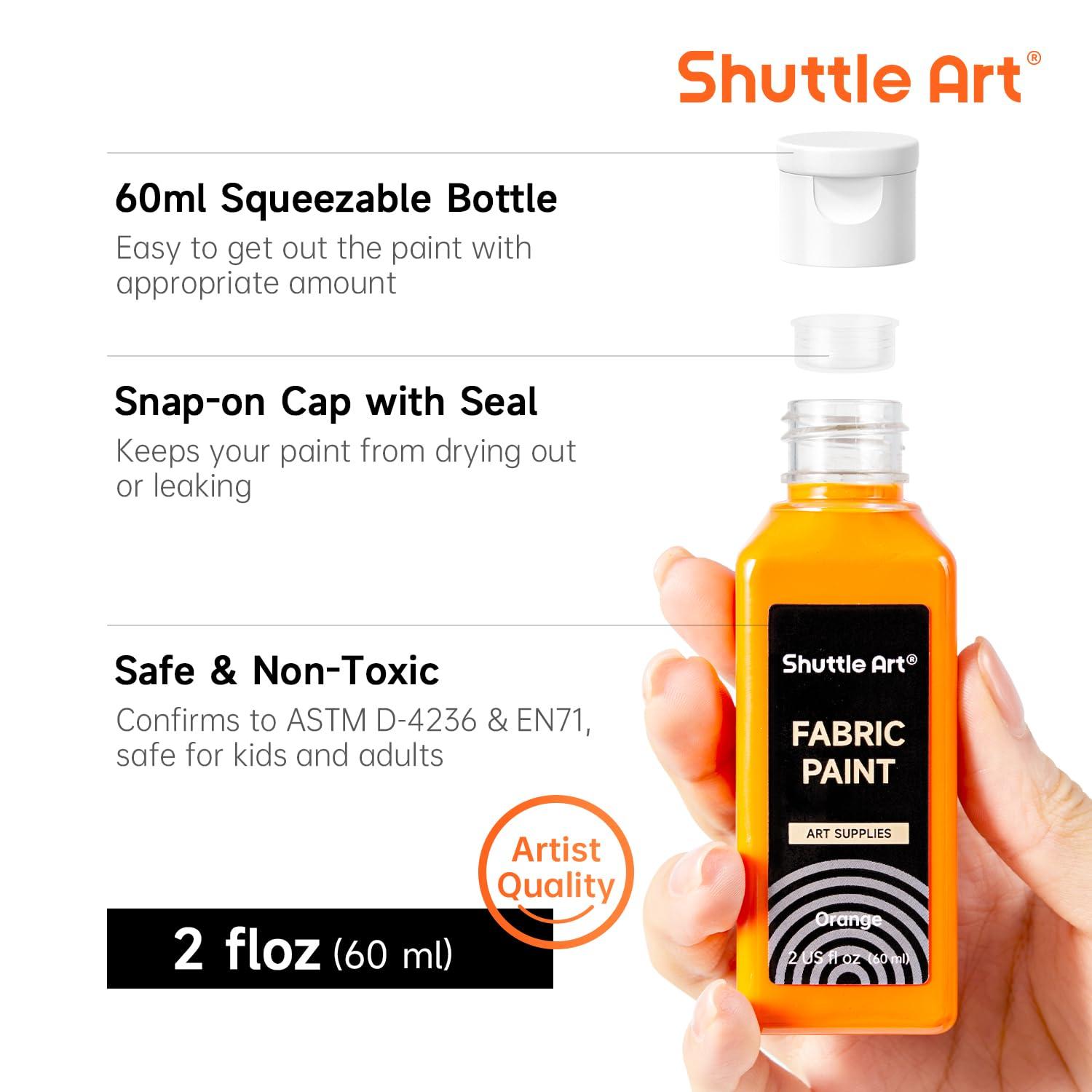 Metallic Fabric Paint, Shuttle Art 18 Metallic Colors Permanent Soft Fabric Paint in Bottles (60ml/2oz) with Brush and Stencils, Non-Toxic Textile Paint for T-shirts, Shoes, Jeans, Bags & DIY Projects