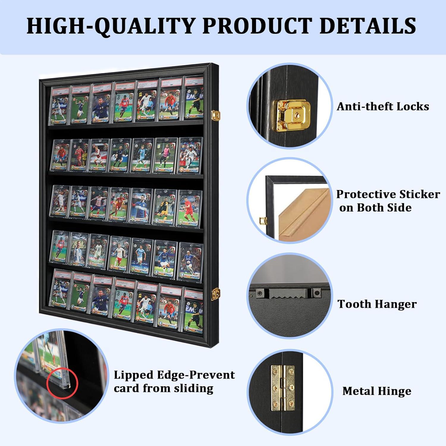 Estuche para Exhibición de Tarjetas Deportivas de 35 Grados: Marco de Exhibición de Tarjetas de Béisbol con Protección UV Gabinete de Pared con Cerradura Transparente para Tarjetas Coleccionables de Baloncesto Negro Vertical