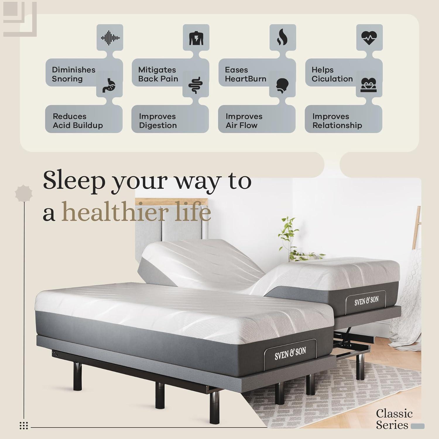 Sven & Son Classic Adjustable Bed Base, Head and Foot Lift, Massage, Under-Bed Lights, USB, Gel Memory, Zero Gravity Smart Frame - Split King + 12 inch Memory Foam Matt (Medium)