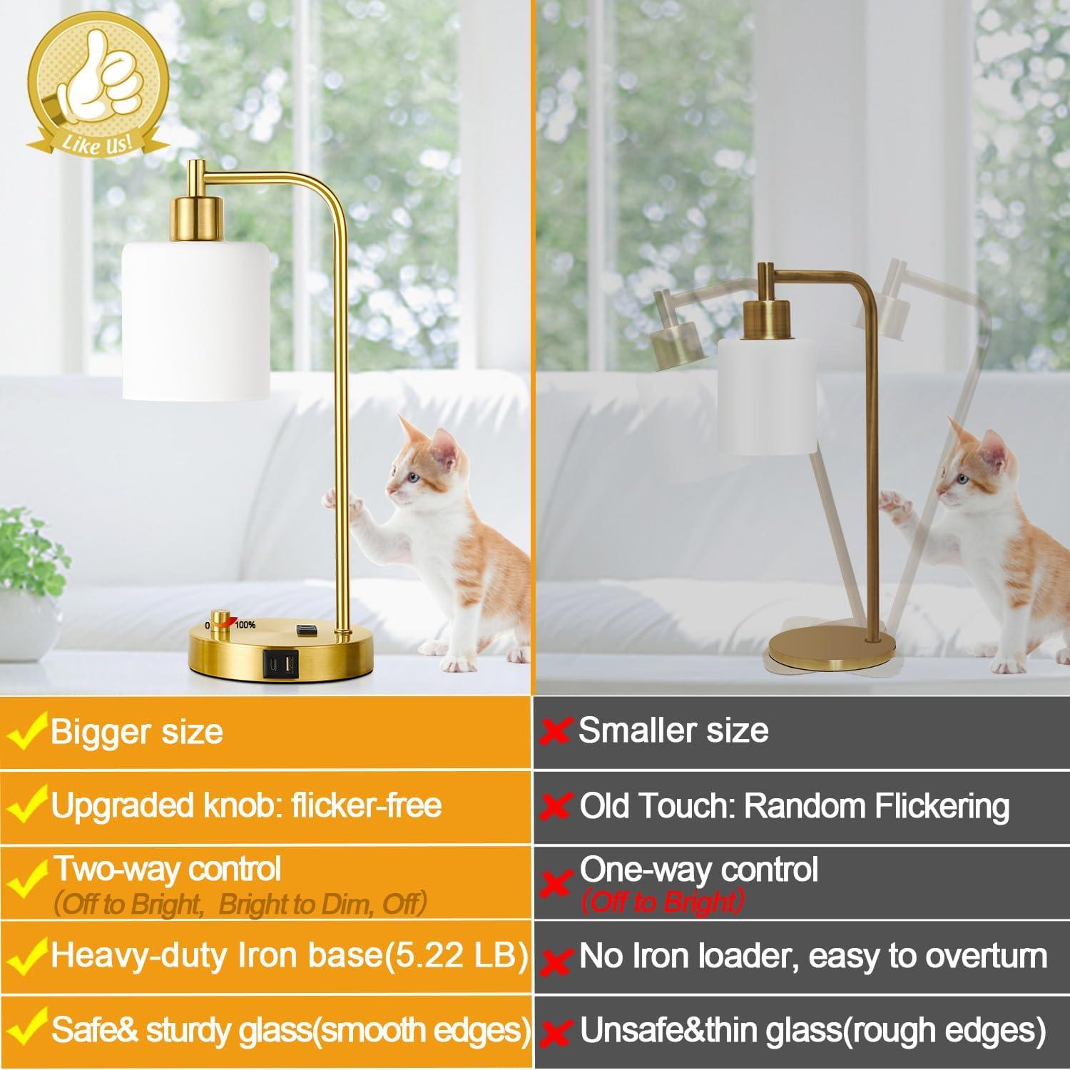 【Upgraded】Set of 2 Industrial Table Lamps with 2 USB Port, Fully Stepless Dimmable Bedside Lamps for Bedroom, Nightstand Desk Lamps with Glass Shade for Bedroom Living Room Office 2 LED Bulb Included
