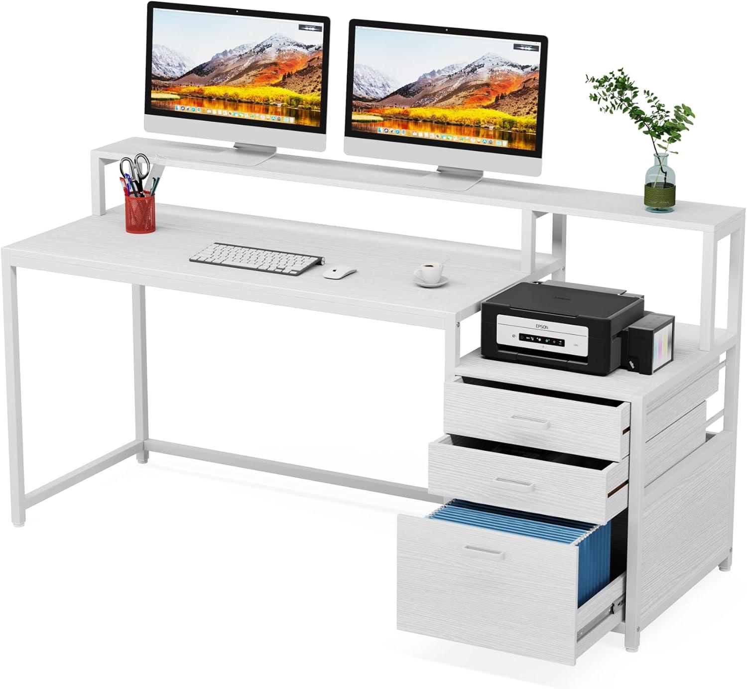 1Easylife 63" Computer Desk with Monitor Stand, Ergonomic Home Office Desks with Drawers File Cabinet White