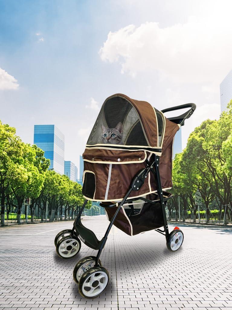 Brown and White Polyester Pet Stroller with Storage Basket