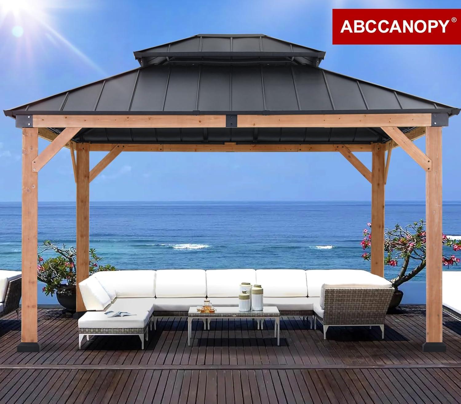 11 ft. x 13 ft. Wood Gazebo Matte Black Roof and Natural Wood Frame Gaezbos Black Double Steel Hardtop Roof