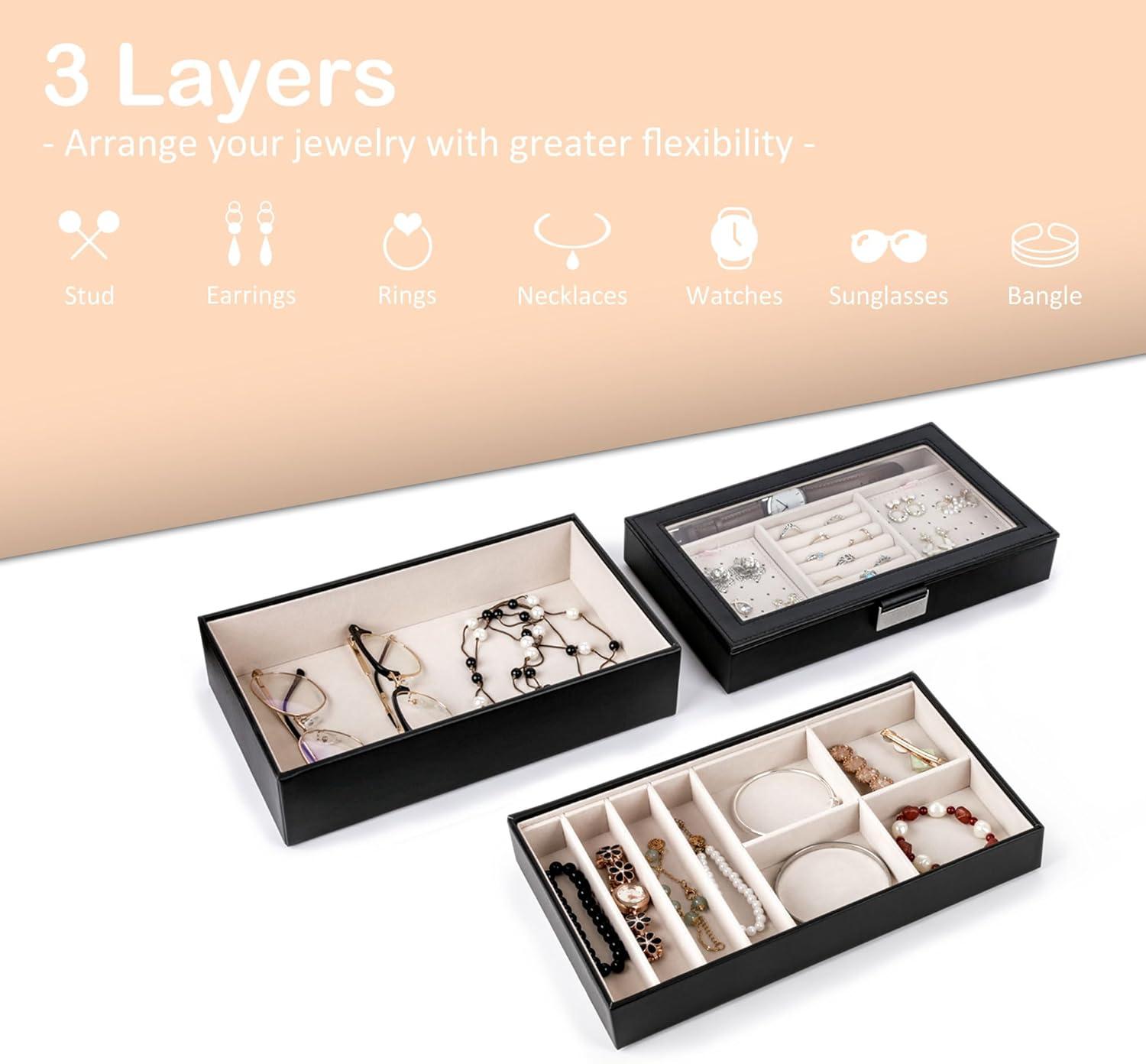 Latitude Run® Stackable Jewelry Trays, 4-Tier Jewelry Box, Drawer Jewelry Organizer, With Glass Lid, Removable Dividers, For Vanity Table, 6.7 X 11 X 7.2 Inches, Cloud White