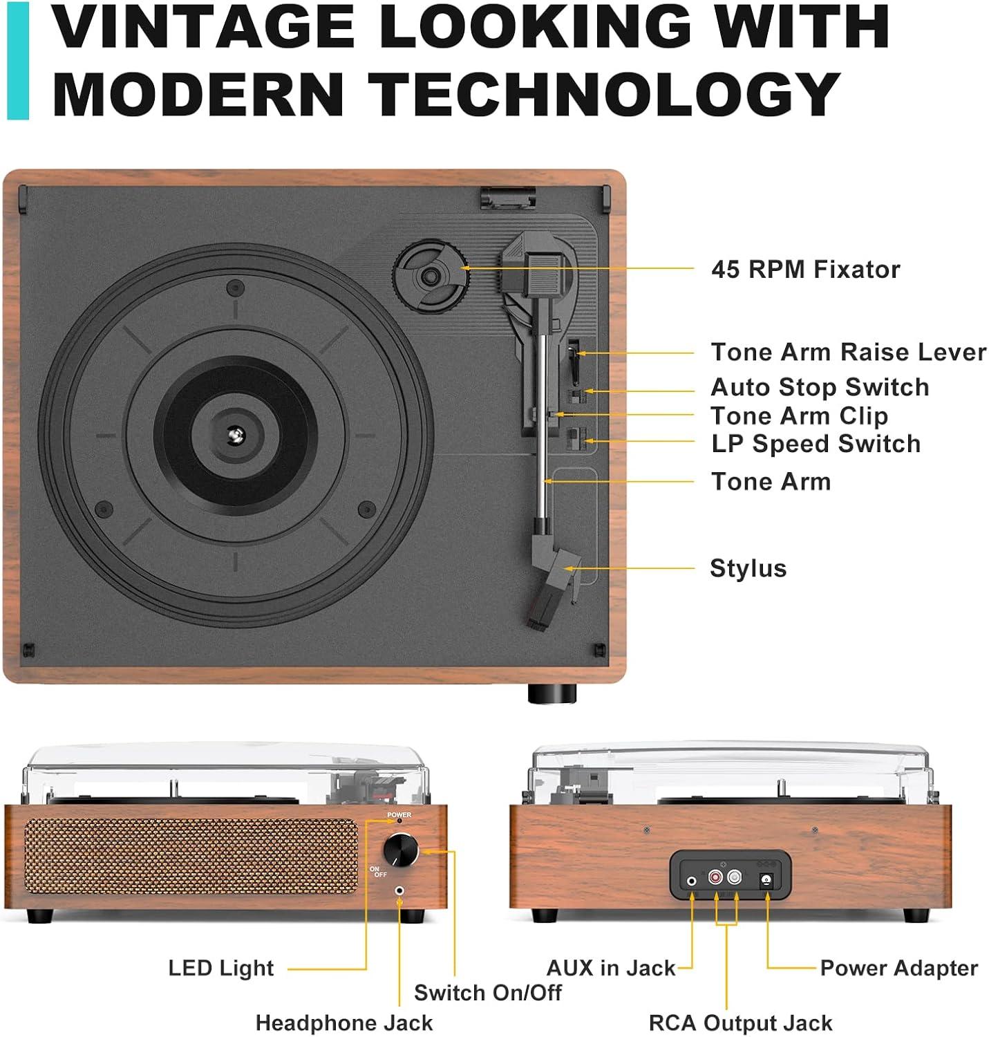 BEACHWATER POOL & SPA, LLC Vinyl Record Player With Speakers Vintage Turntable For Vinyl Records Belt-Driven Turntable Support 3-Speed Bluetooth Playback Headphone AUX RCA Line LP Vinyl Players For Sound Enjoyment Retro