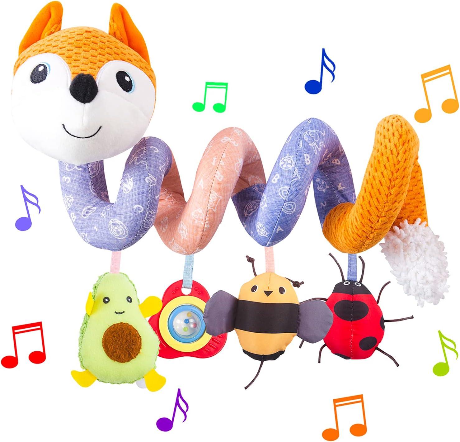 HILENBO Car Seat Toys, Infant Baby Orange Fox Spiral Plush Activity Hanging Toys for Car Seat Stroller Bar Crib Bassinet Mobile with Music Box BB Squeaker and Rattles?Orange?