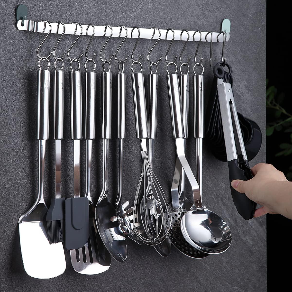 38-Piece Stainless Steel Kitchen Utensil Set with Holder and Hooks