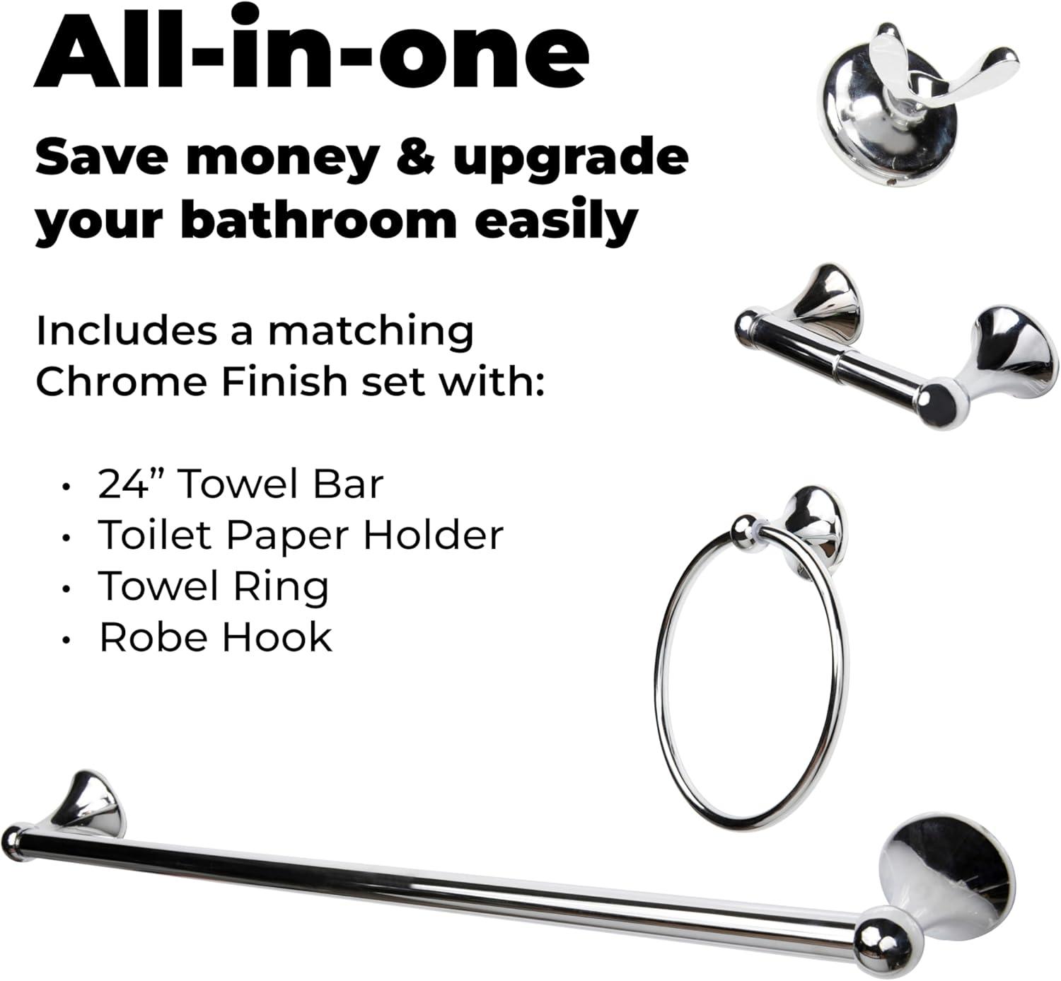 4-Piece Bathroom Hardware Accessory Set With 24" Towel Bar (Chrome Finish)