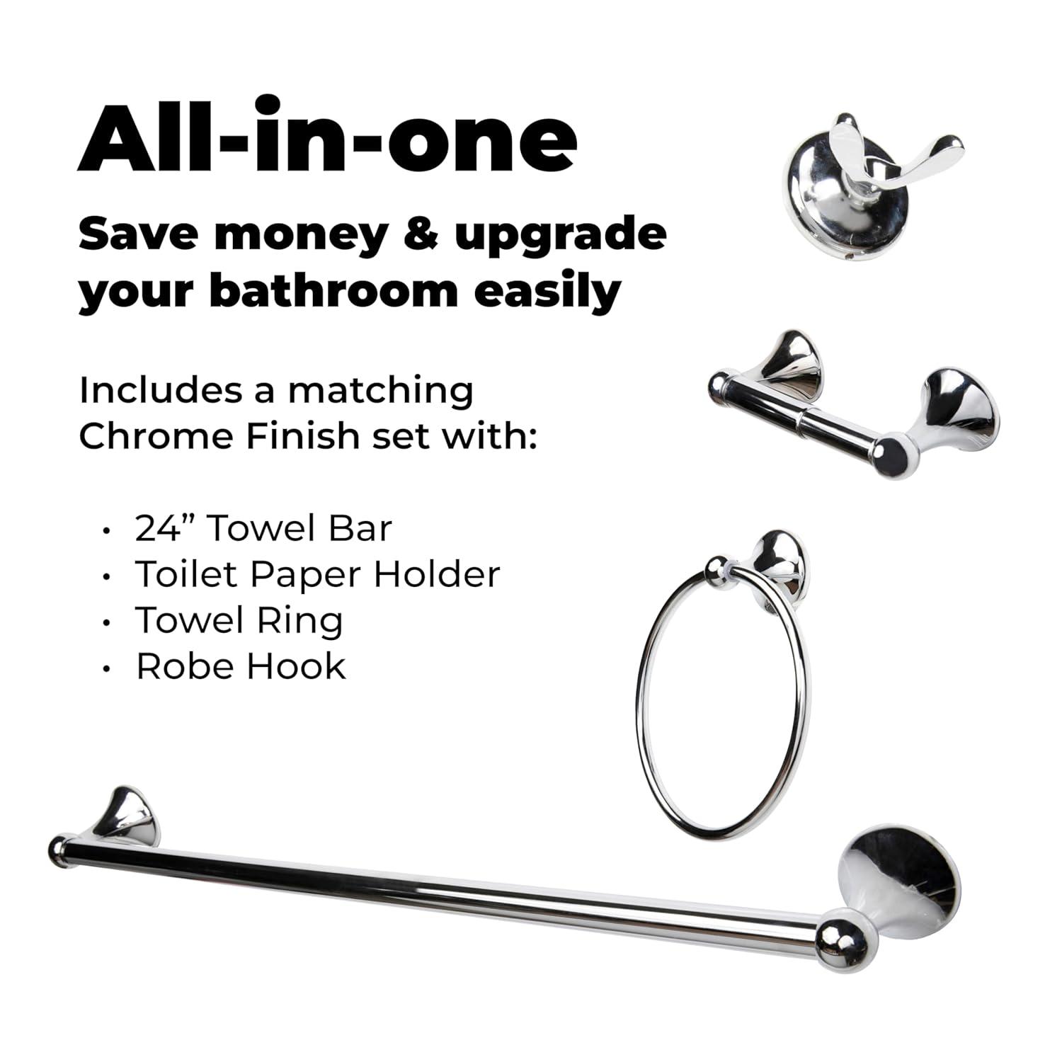 4-Piece Bathroom Hardware Accessory Set With 24" Towel Bar (Chrome Finish)