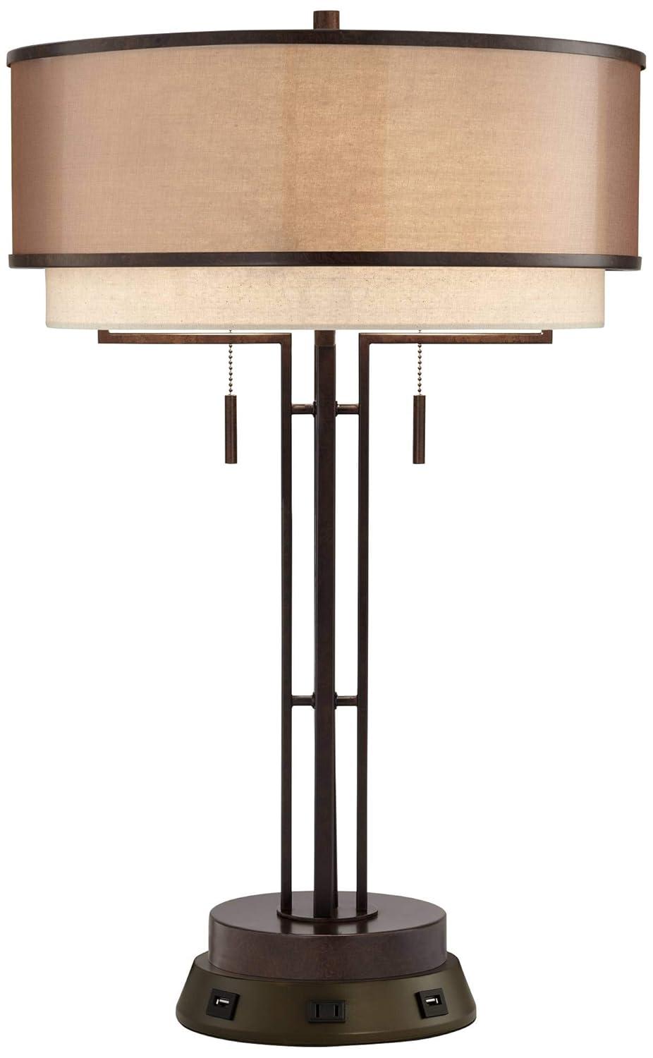 Franklin Iron Works Industrial Table Lamp with USB and AC Power Outlet Workstation Charging Base 26" High Bronze Double Shade Living Room