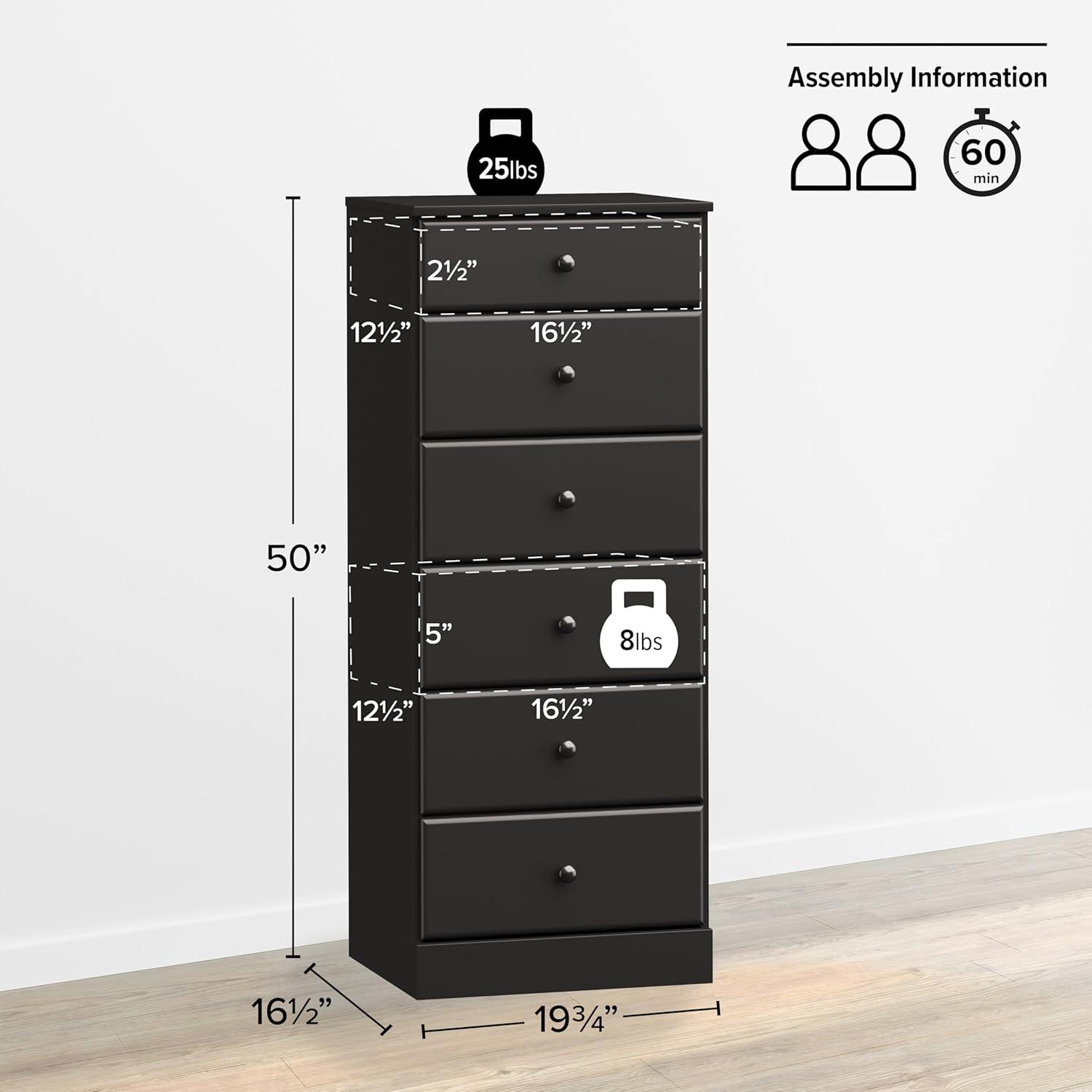 Astrid 6 Drawer Tall Chest Black - Prepac: Space-Saving Vertical Storage for Bedroom