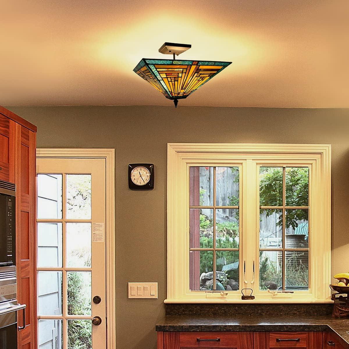 Chloe Lighting Innes Tiffany-Style 2 Light Mission Semi-Flush Ceiling Fixture 14" Shade