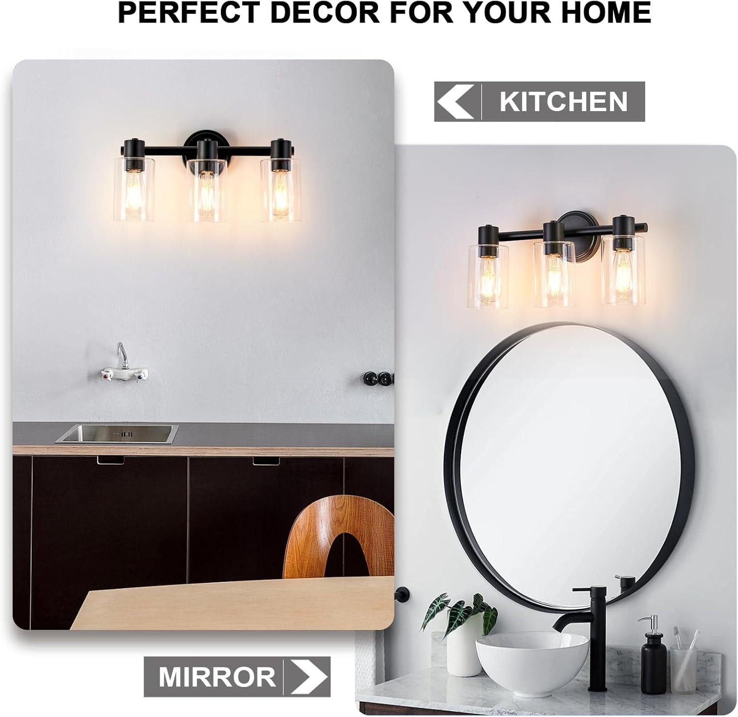 3-Light Bathroom Light Fixtures Bathroom Vanity Lights with Clear Glass Shades Matte Black Bathroom Light Fixtures over mirror for Mirror Living Room Cabinet Bedroom Porch