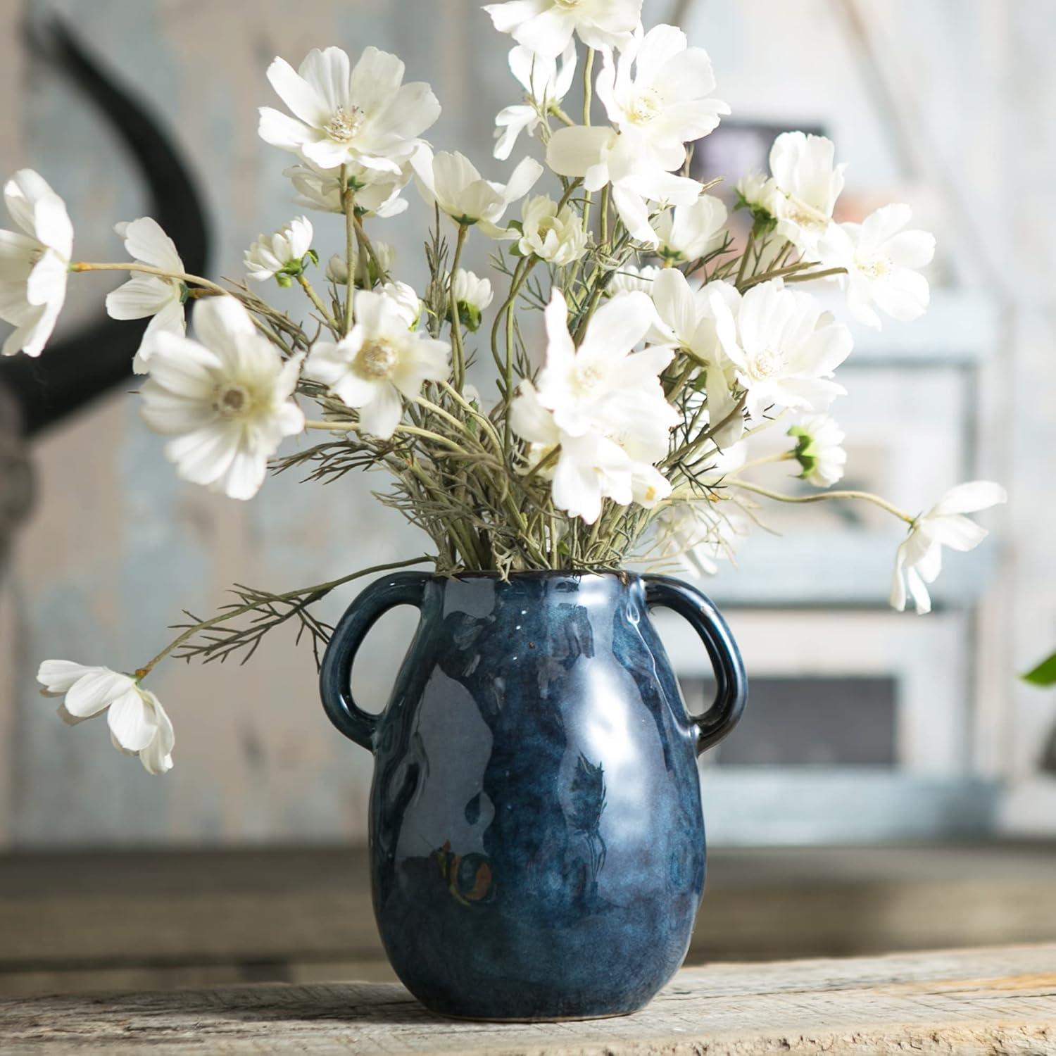 Blue Ceramic Round Vase with Handles for Table Decor