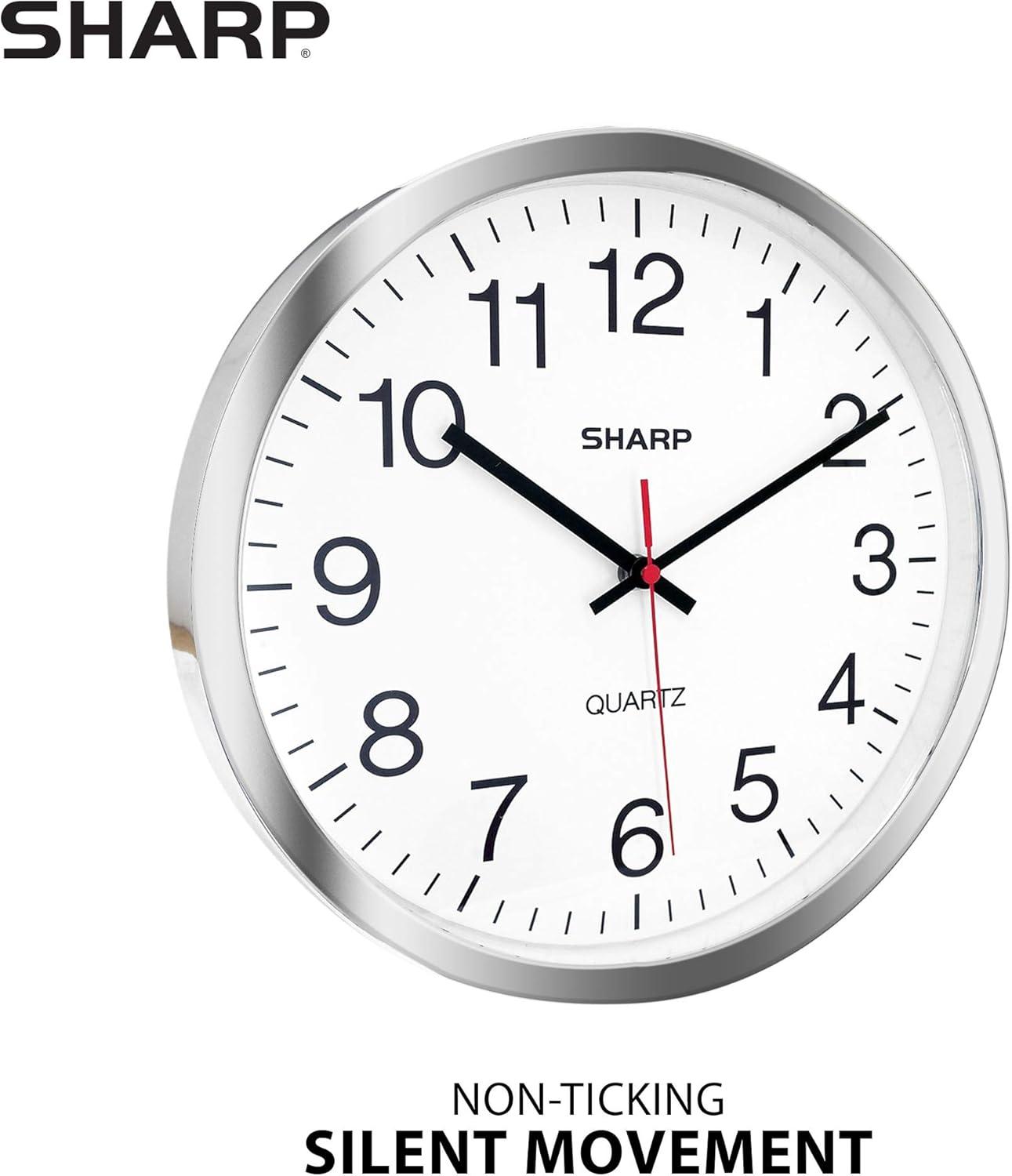 SHARP Wall Clock – Silver/Chrome, Silent Non Ticking 12 Inch Quality Quartz Battery Operated Round Easy to Read Home/Kitchen/Office/Classroom/School Clocks, Sweep Movement