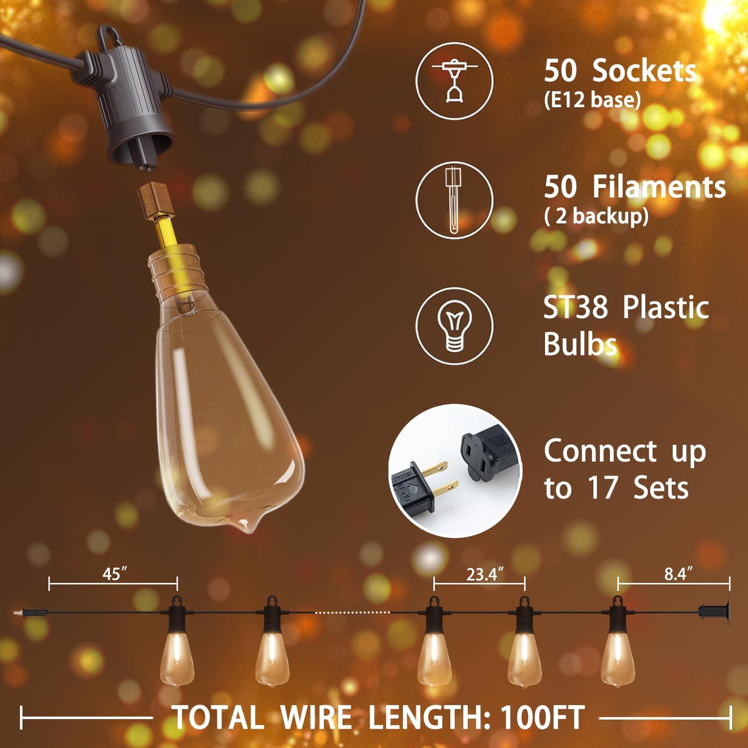 Arlmont & Co. Arlmont & Co. LED Outdoor String Lights 100FT Patio Lights With 52 Shatterproof ST38 Vintage Edison Bulbs