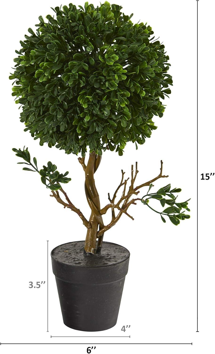 15" Indoor/Outdoor Boxwood Topiary Artificial Tree - Nearly Natural: UV-Resistant Faux Plant with Pot