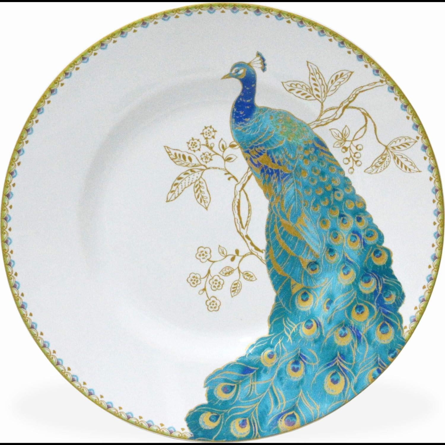 222 Fifth Peacock Garden Porcelain 16pc Dinnerware Set White: Round Dish Set, Service for 4, Bird Pattern, Dishwasher-Safe