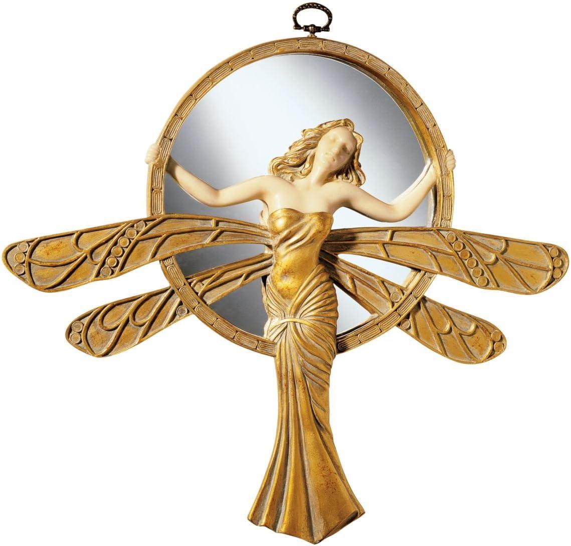 Art Deco Dragonfly Maiden 13" Gold and Ivory Round Wall Mirror