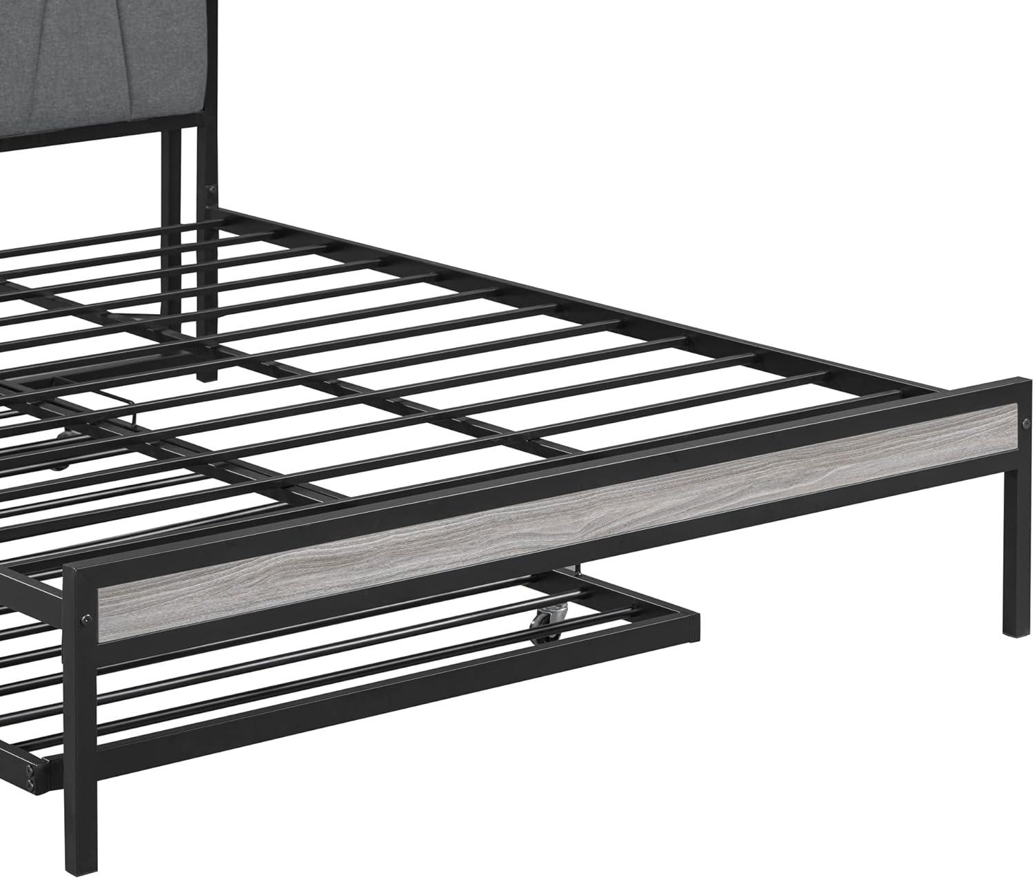 Queen Size Platform Bed Frame with Twin size trundle, Metal Bed Frame with USB Ports and Sockets,Upholstered Platform Bed with Headboard and Wood Footboard,Strong Slat Support,Black