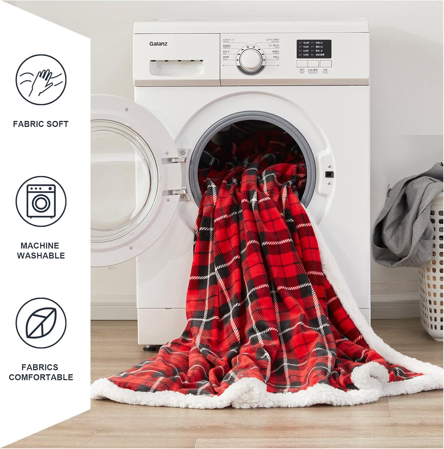 Red Plaid Sherpa Fleece Reversible Throw Blanket