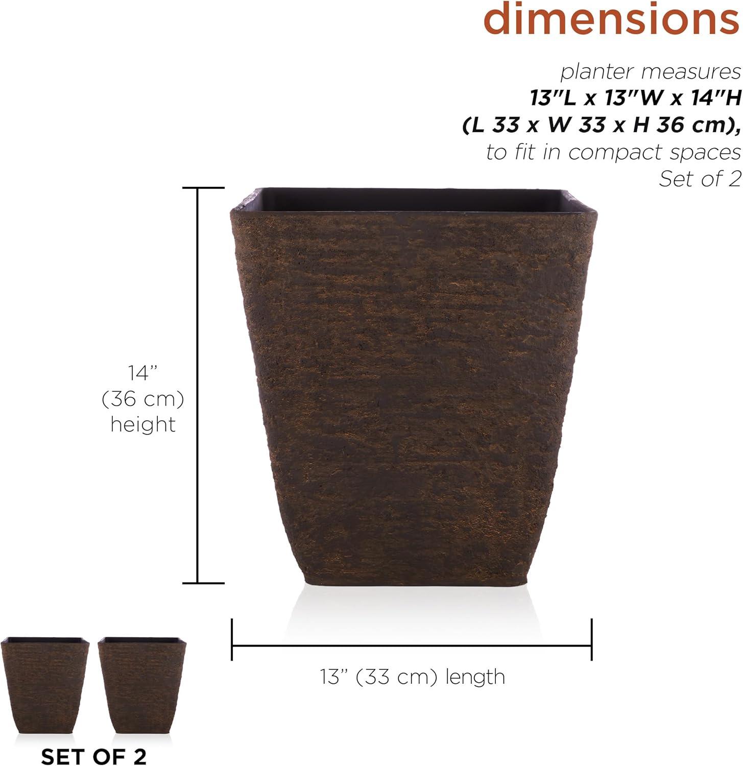 Contemporary Square Stone-Look Planters, Textured Brown, Set of 2