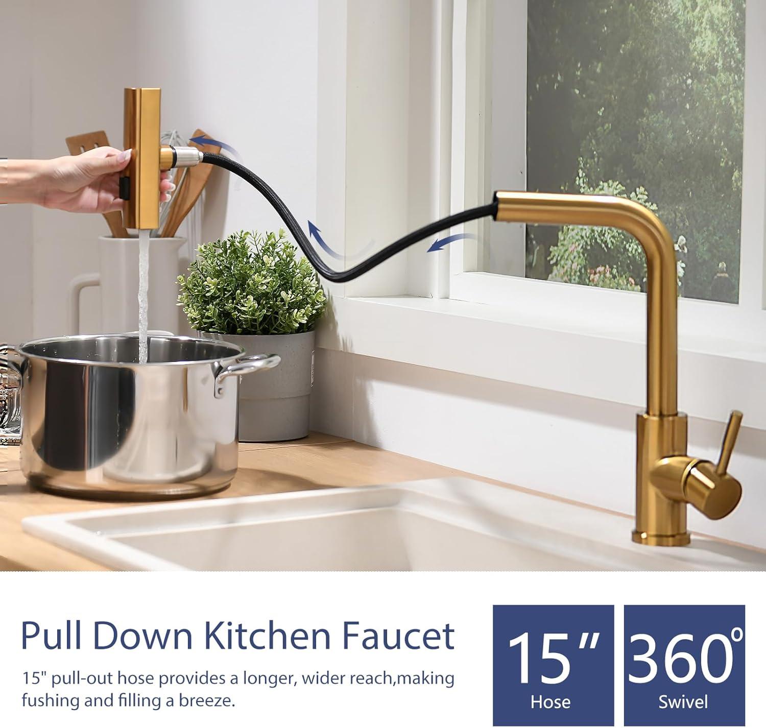 Kitchen Faucets with Pull Down Sprayer, Brushed Gold Waterfall Kitchen Sink Faucet with Soap Dispenser, Single Hole Stainless Steel Kitchen Faucet, Modern Single Handle Pull Out Kitchen Faucet