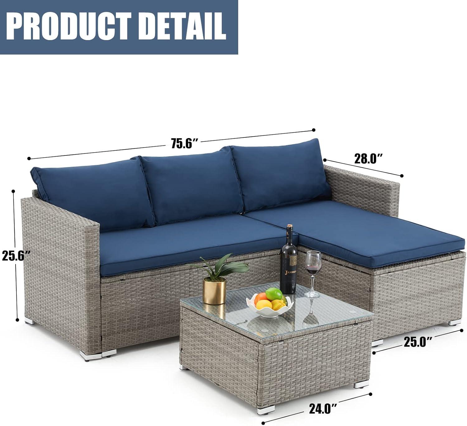 Blue 3-Piece Outdoor Wicker Sectional Sofa with Glass Table