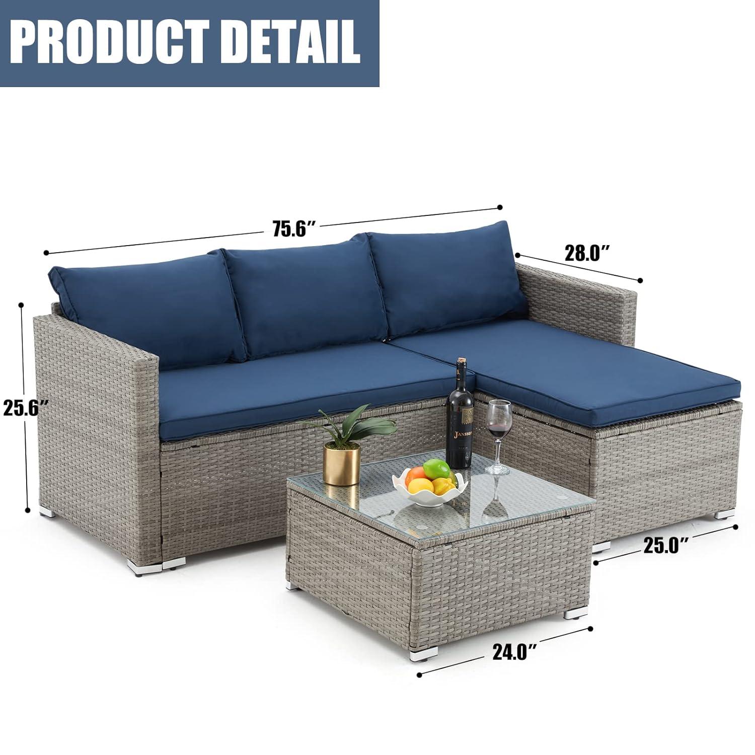 AVAWING Outdoor Patio Furniture Sets, All-Weather Sectional Sofa with Tempered Glass Table, 3 Pieces Patio Wicker Couch with Washable Cushions for Garden, Backyard and Porch （Blue）