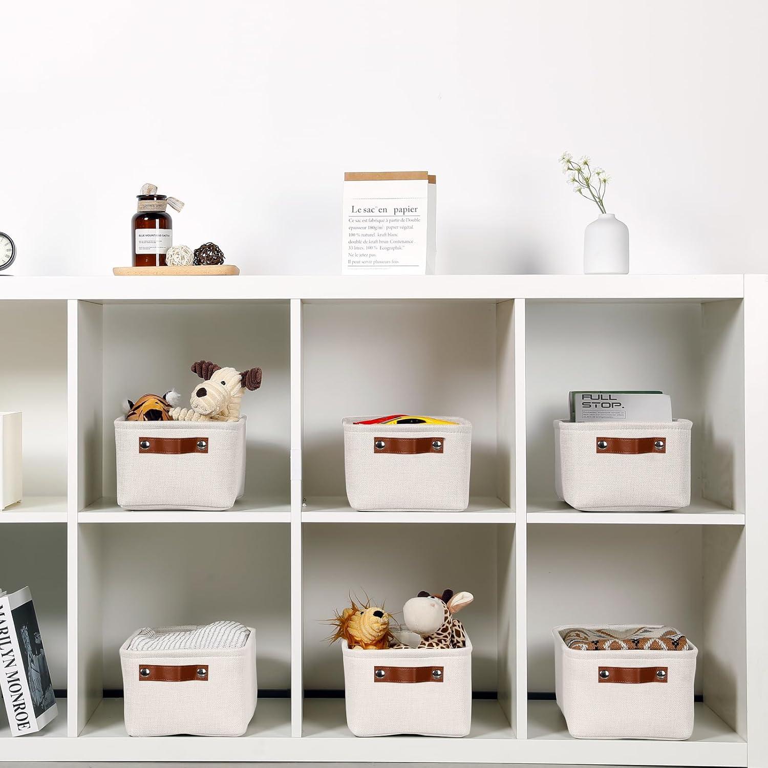 White Rectangular Fabric Storage Bins with Leather Handles, Set of 6