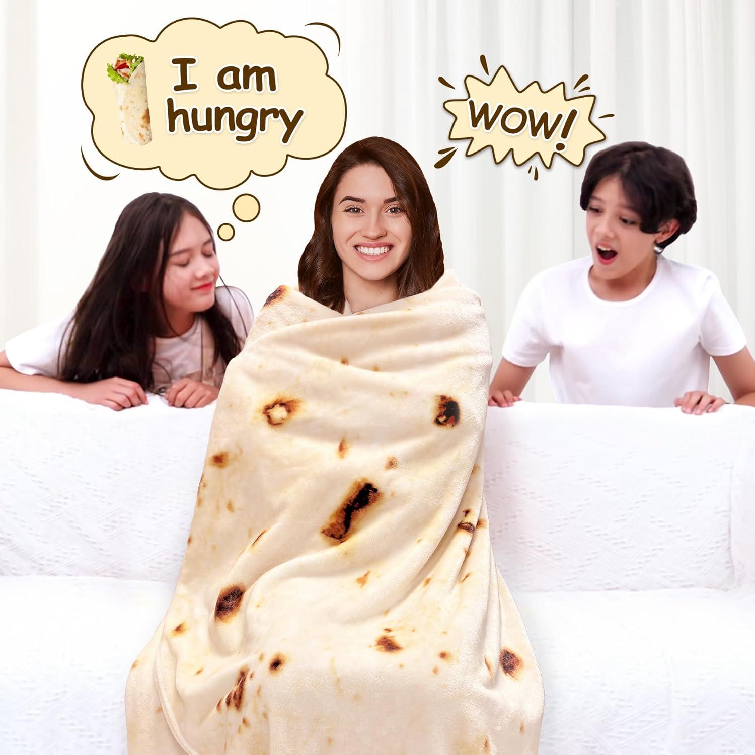 Burritos Tortilla Throw Blanket 2.0 Double Sided 71 inches for Adult and Kids, Giant Funny Realistic Food Blankets, 285 GSM Novelty Soft Flannel Taco Blanket (Yellow -Double Sided)