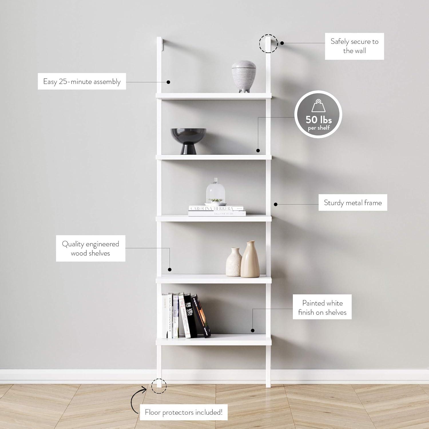 Hassch 5 Tiers Ladder Bookshelf Industrial Bookcase Storage Rack with Metal Frame, White