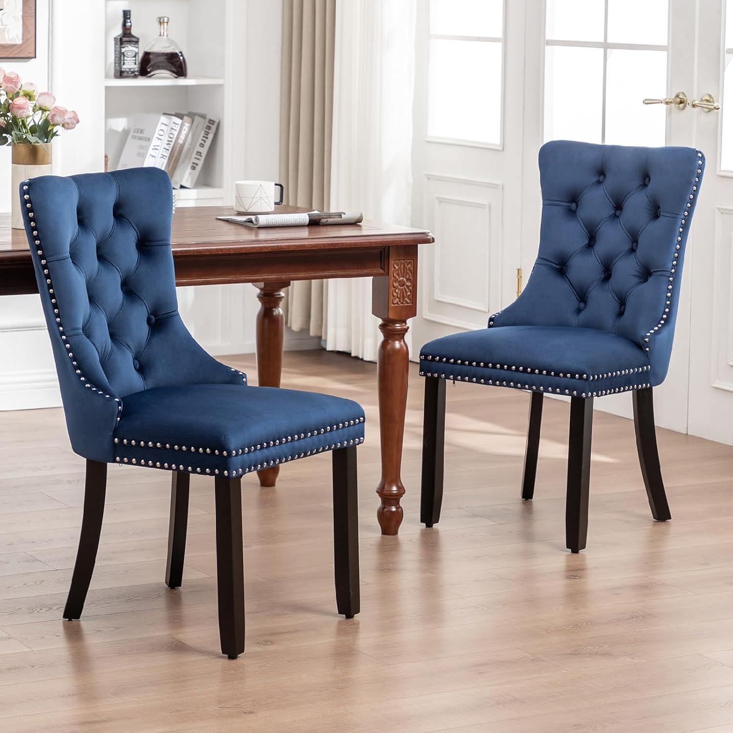 ODUSE-DAILY Velvet Dining Chairs Set of 2, Navy Kitchen & Dining Room Chairs, Tufted Dining Chairs, Fabric Upholstered, Solid Wood, Sillas De Comedor (Blue, 2 Pcs)